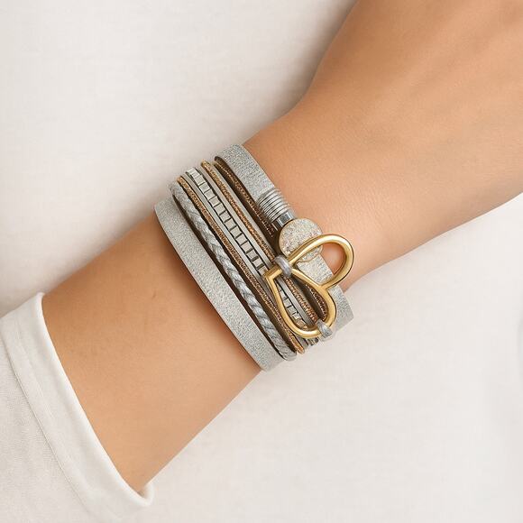 Silver Gold Wrap Bracelet Sparkle Heart Glam Layered Style - Picture 1 of 3
